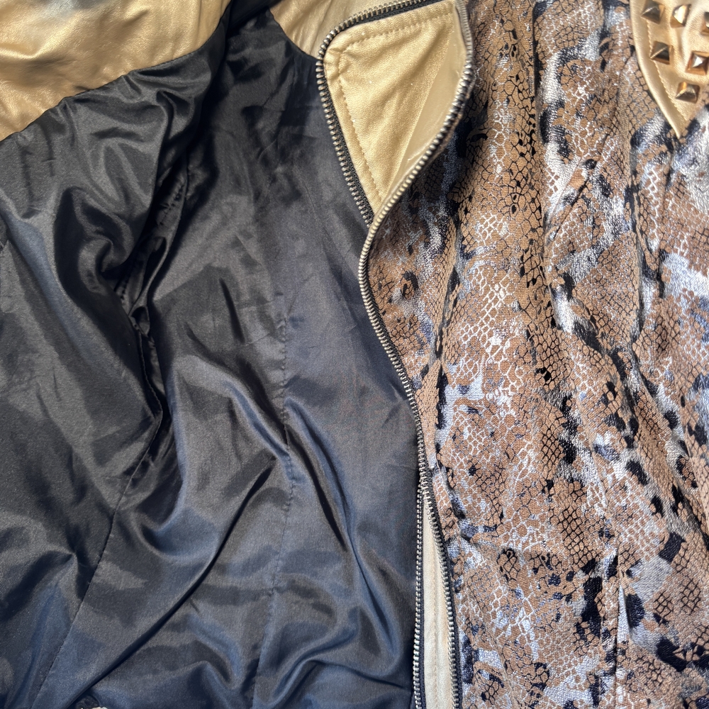 Animal Print Brown and Gold Studded Leather Jacket - Picture 8 of 8
